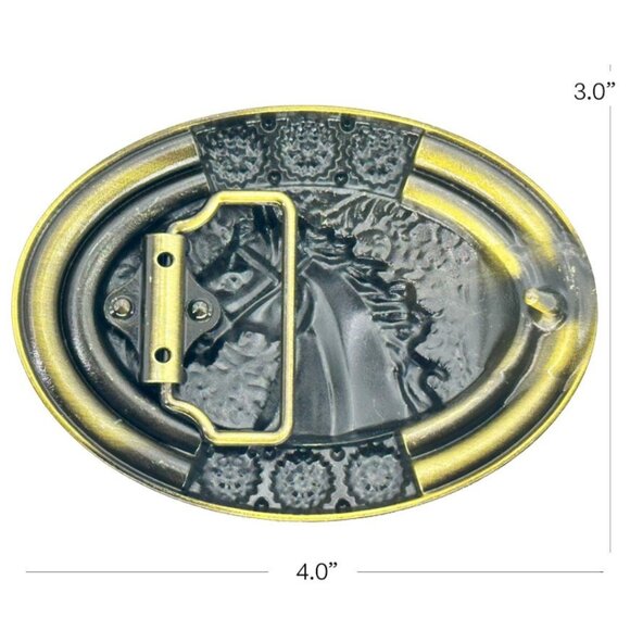 Western Gold Tone Horse Design Turquoise & Brown Bead Oval Belt Buckle NWT - Picture 2 of 4